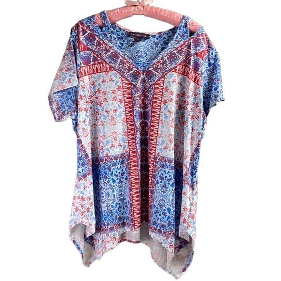 Gloria Vanderbilt Womens Embellished Tunic,Asymmetrical,Size 2X,Red,White,Blue - Picture 2 of 8